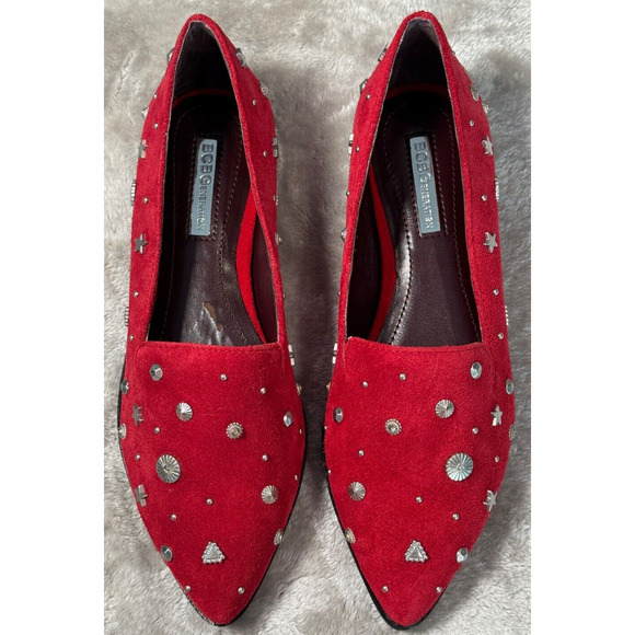 BCBGeneration Nikkola Red Suede Silver Studded Loafer Flats Womens Size 6 NEW - Picture 2 of 8